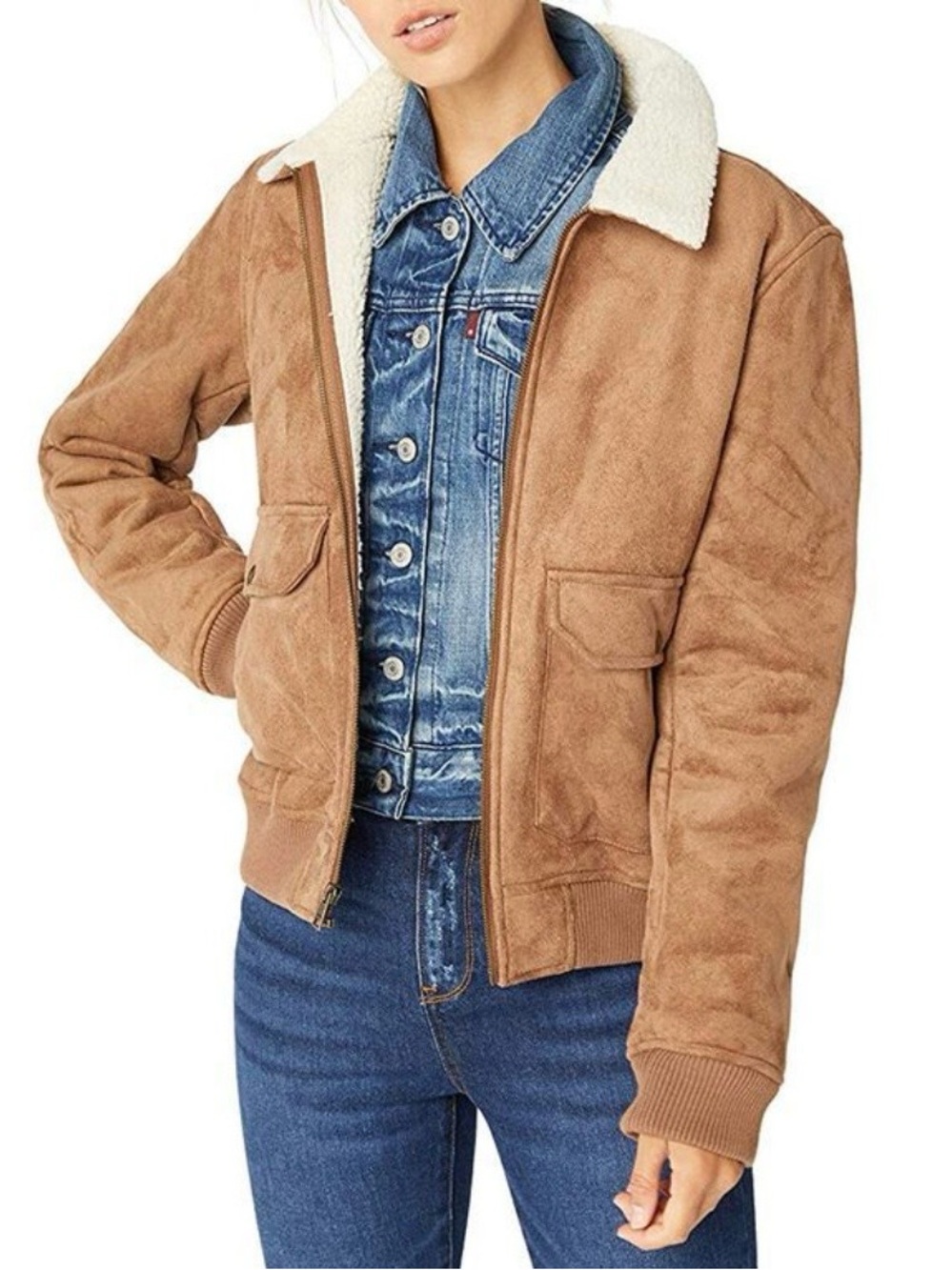 NWT Levi’s Camel Faux Suede Sherpa Aviator Bomber Jacket S LW8RS822